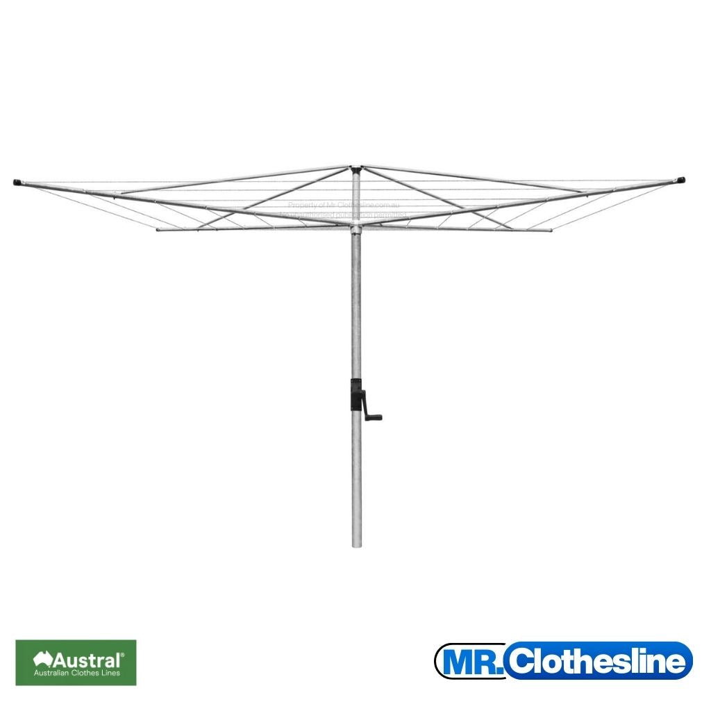 Austral Fixed Head Rotary Hoist Clothesline Deluxe 4 on a white background with a plastic handle crank case. Colour galvanised steel.