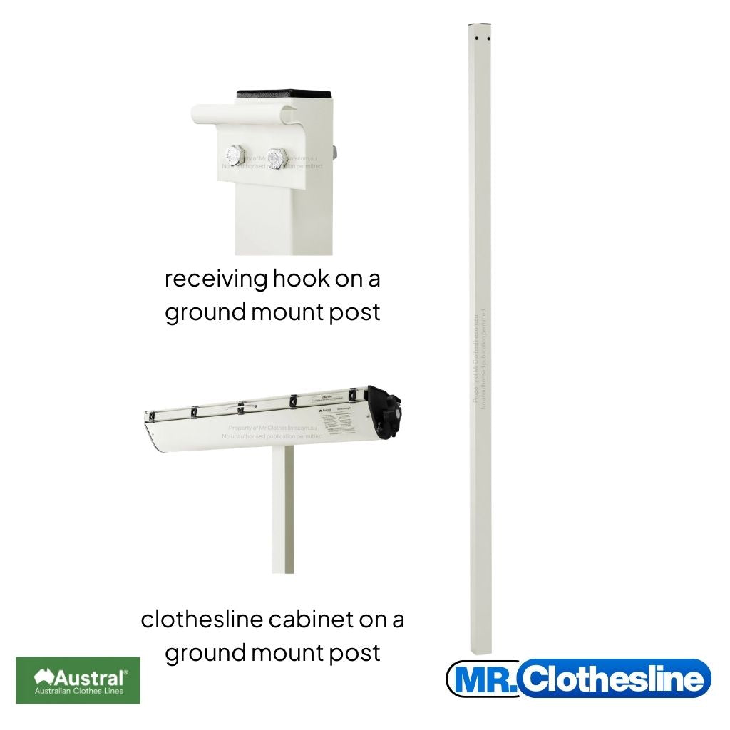 Austral ground post with two further images of the receing hook and the clothesline cabinet installed on separate posts.