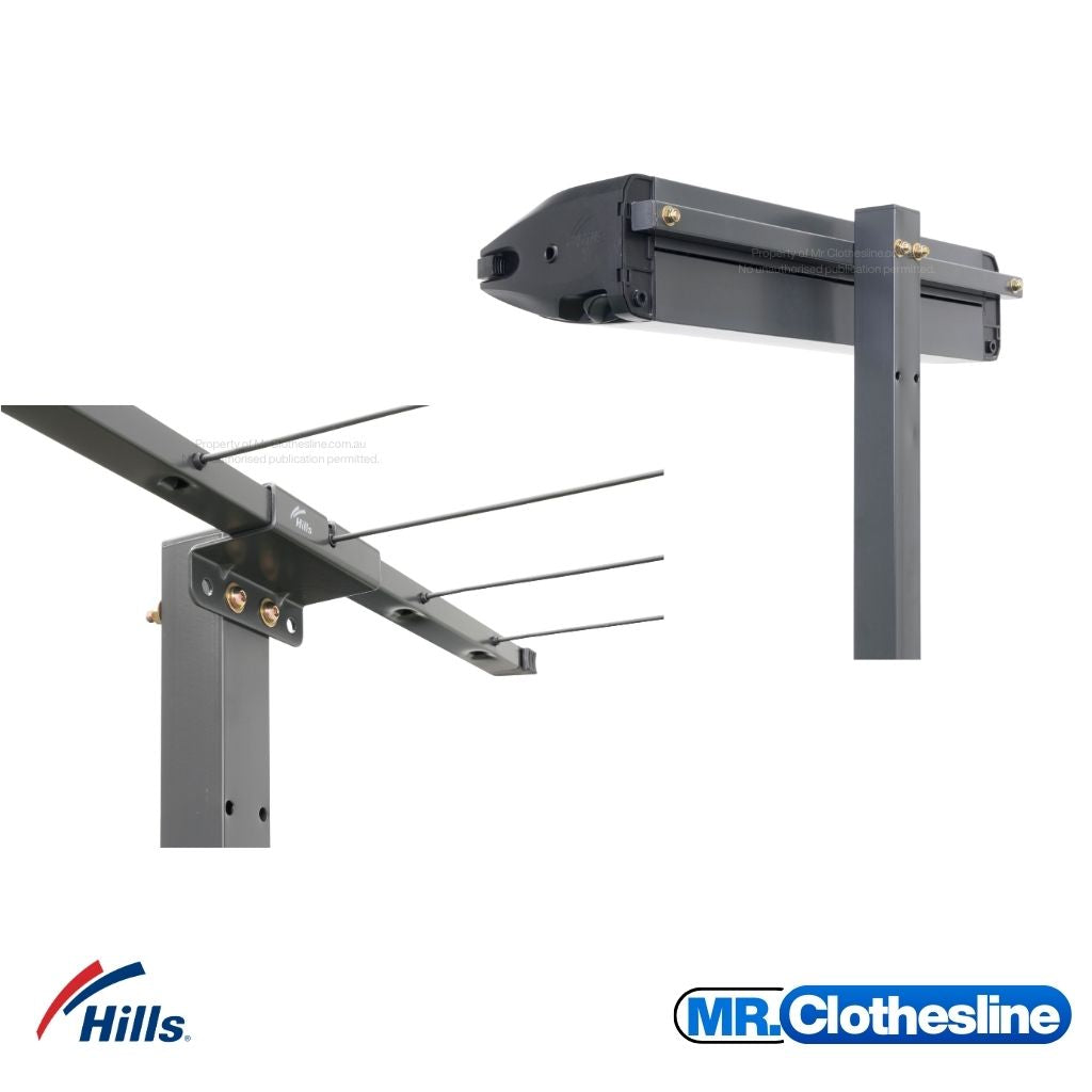 Hills Retractable 7-Line Clothesline cabinet mounted on a post with receiving bracket mounted on a ground mount post.