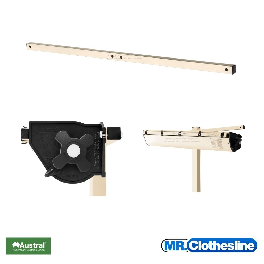 Austral Retractaway mounting bar with two close up images of the cabinet installed onto the mounting bar.  Colour Classic Cream.