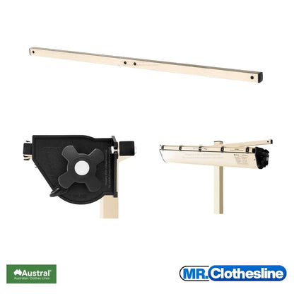 Austral Retractaway mounting bar with two close up images of the cabinet installed onto the mounting bar.  Colour Classic Cream.