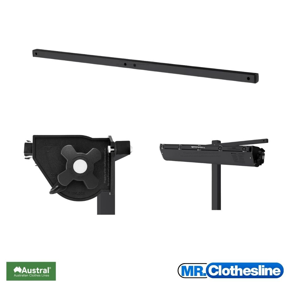 Austral Retractaway mounting bar with two close up images of the cabinet installed onto the mounting bar.  Colour Woodland Grey.