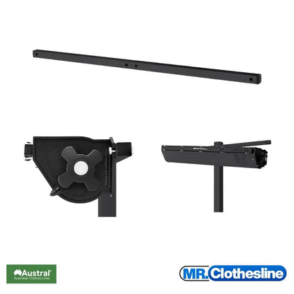 Austral Retractaway mounting bar with two close up images of the cabinet installed onto the mounting bar.  Colour Woodland Grey.
