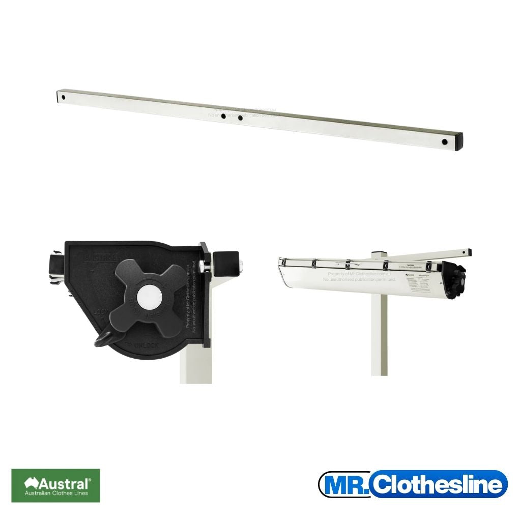 Austral Retractaway mounting bar with two close up images of the cabinet insstalled onto the mounting bar.  Colour Surfmist.