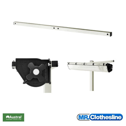 Austral Retractaway mounting bar with two close up images of the cabinet insstalled onto the mounting bar.  Colour Surfmist.