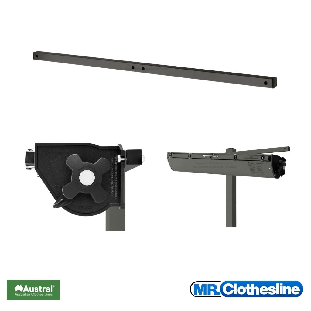 Austral Retractaway mounting bar with two close up images of the cabinet insstalled onto the mounting bar.  Colour Monument