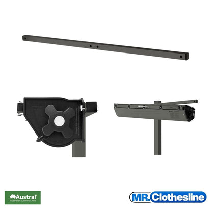Austral Retractaway mounting bar with two close up images of the cabinet insstalled onto the mounting bar.  Colour Monument
