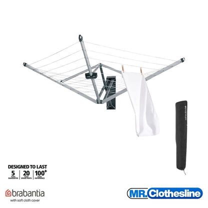 Wall fix clothesline open on a white background with a soft cloth cover in the lower right hand side of the photo.