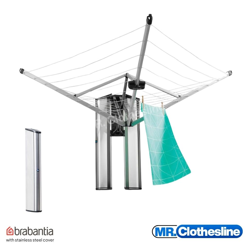 Brabantia wall fix clothesline with stainless steel cover open on a white wall.