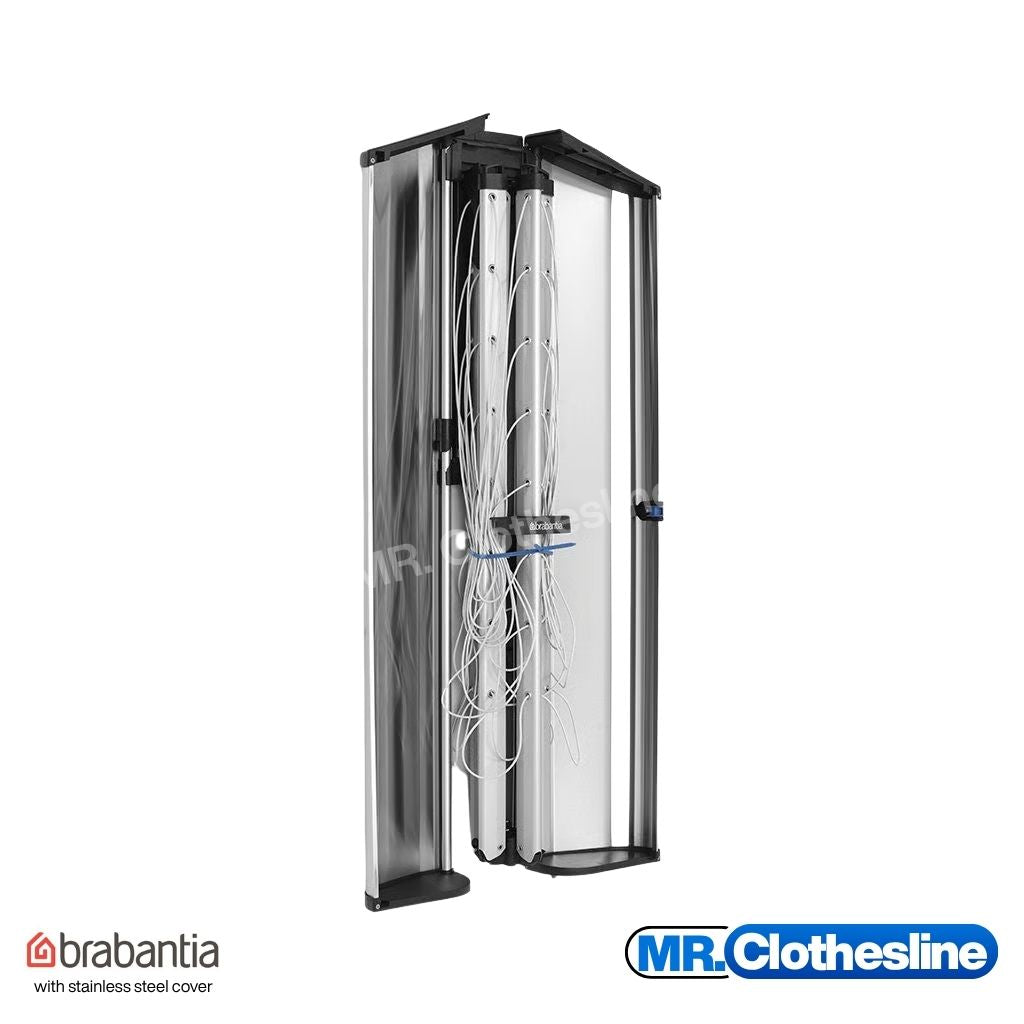 Wall fix clothesline stainless steel cover opened, clothesline is closed and protected by the the stainless cover. 