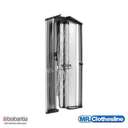 Wall fix clothesline stainless steel cover opened, clothesline is closed and protected by the the stainless cover. 