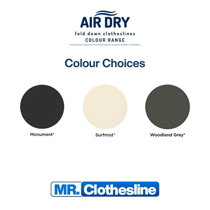 Air Dry Fold Down Clothesline colour range. Monument, Surfmist. Woodland Grey.
