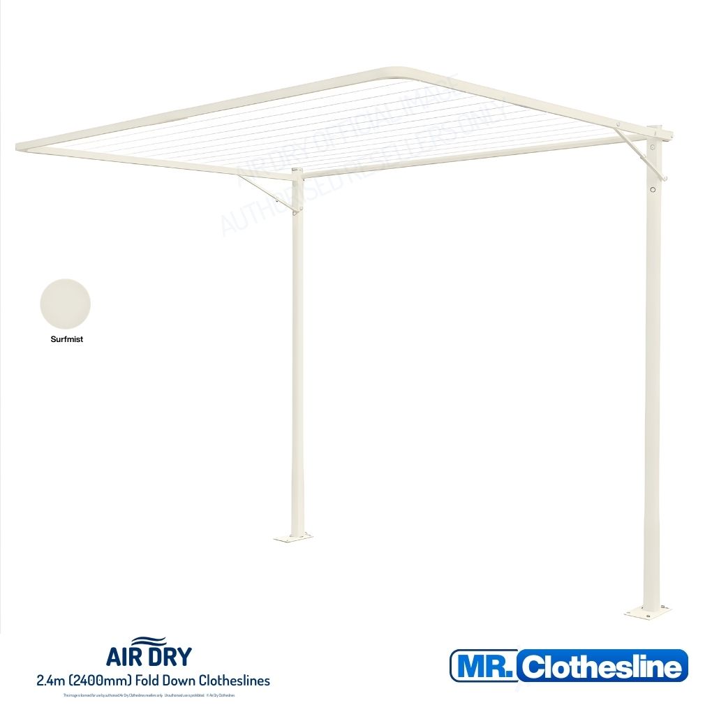 Air Dry 2.4m Fold Down Clothesline Open with a base plate kit for installation on top of concrete.