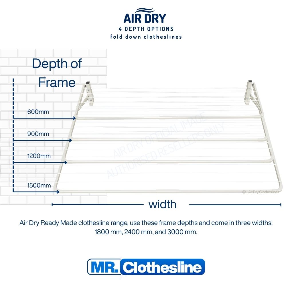 Air Dry Fold Down Clothesline 2.4m wide diagram showing the four depth options from a brick wall to the front of the frame 600mm, 900mm, 1200mm and 1500mm deep.