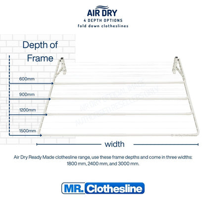 Air Dry Fold Down Clothesline 2.4m wide diagram showing the four depth options from a brick wall to the front of the frame 600mm, 900mm, 1200mm and 1500mm deep.