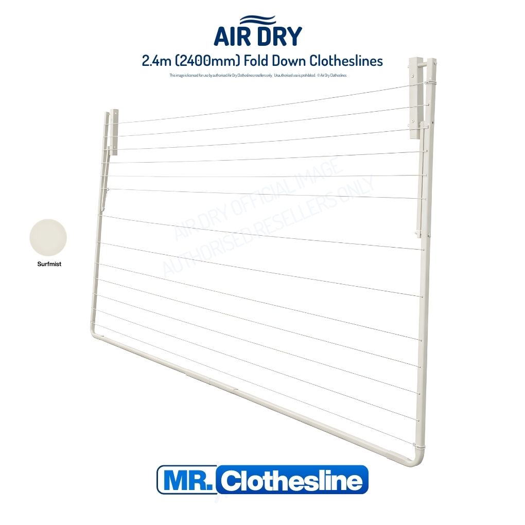 Air Dry 2.4m Fold Down Clothesline folded flat agains a white wall.