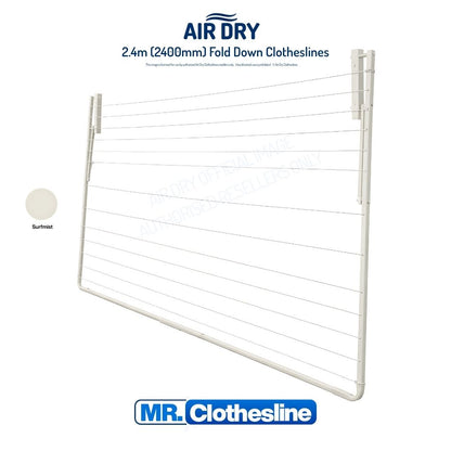 Air Dry 2.4m Fold Down Clothesline folded flat agains a white wall.