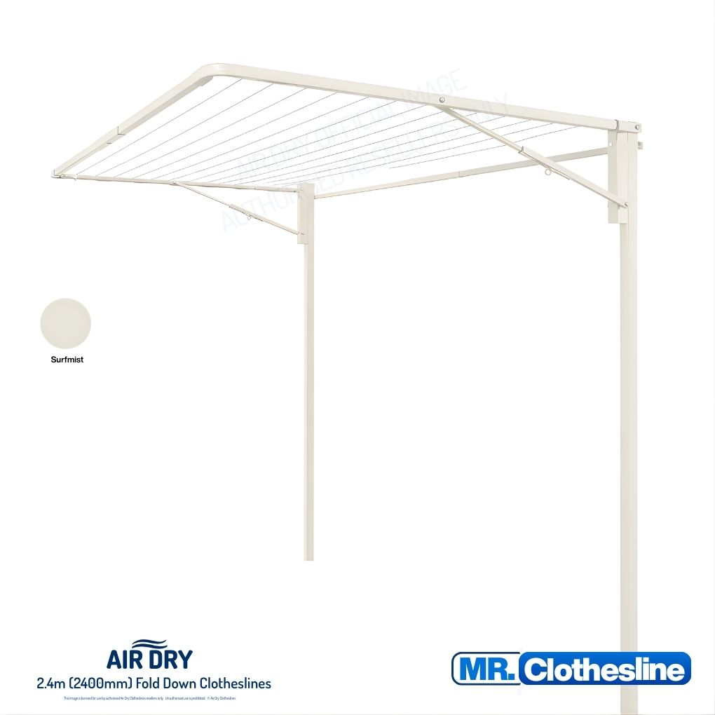 Air Dry 2.4m Fold Down Clothesline Open with a ground mount kit for installation into soil.