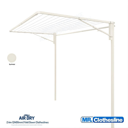 Air Dry 2.4m Fold Down Clothesline Open with a ground mount kit for installation into soil.