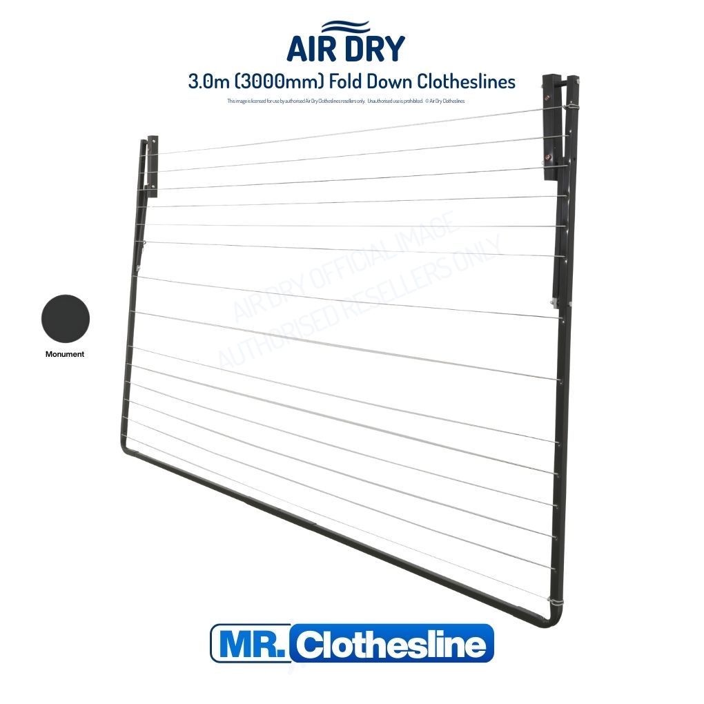 Fold Down Clothesline folded flat against a white wall. Australian made Air Dry.