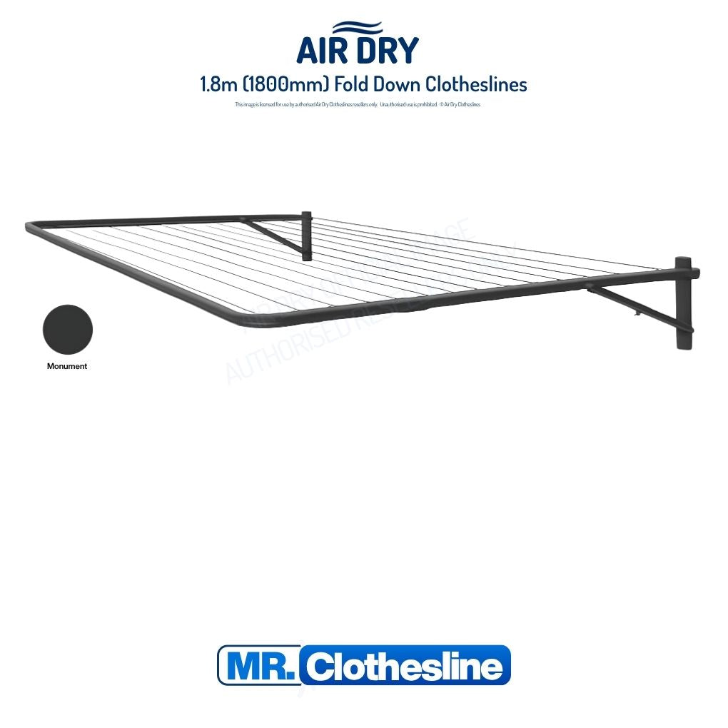 Air Dry Fold Down Clothesline 1.8m wide fully extended white background colour Monument.