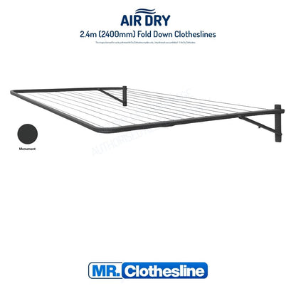Air Dry Fold Down Clothesline 2.4m wide fully extended white background colour Monument.