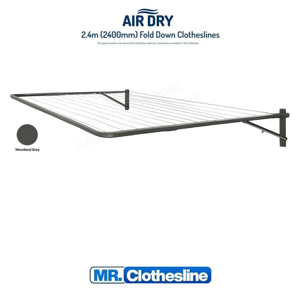 Air Dry Fold Down Clothesline 2.4m wide fully extended white background colour Woodland Grey.
