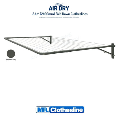 Air Dry Fold Down Clothesline 2.4m wide fully extended white background colour Woodland Grey.