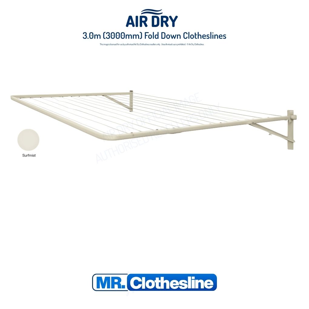Fold Down Clothesline 3.0m wide fully extended white background colour Surfmist. Australian Made Air Dry. 