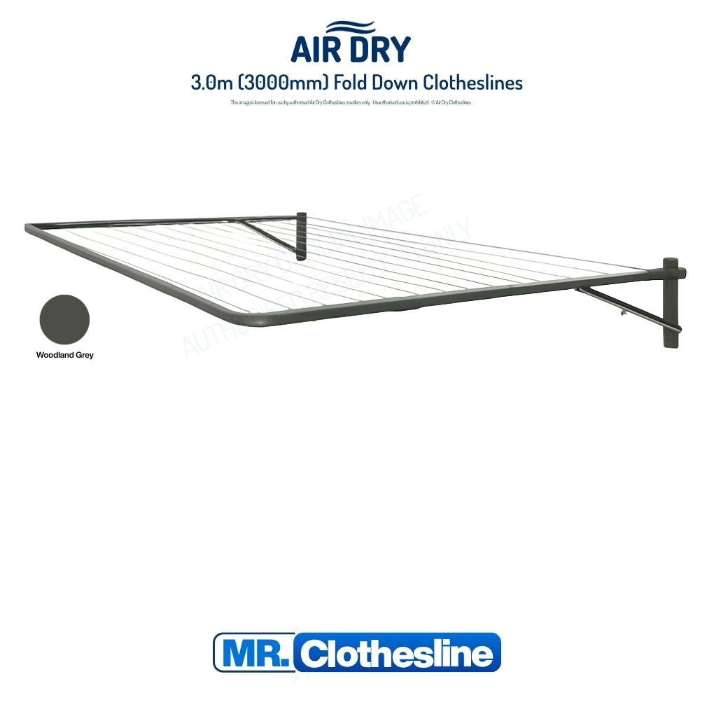 Air Dry Fold Down Clothesline 3.0m wide fully extended white background colour Woodland Grey.