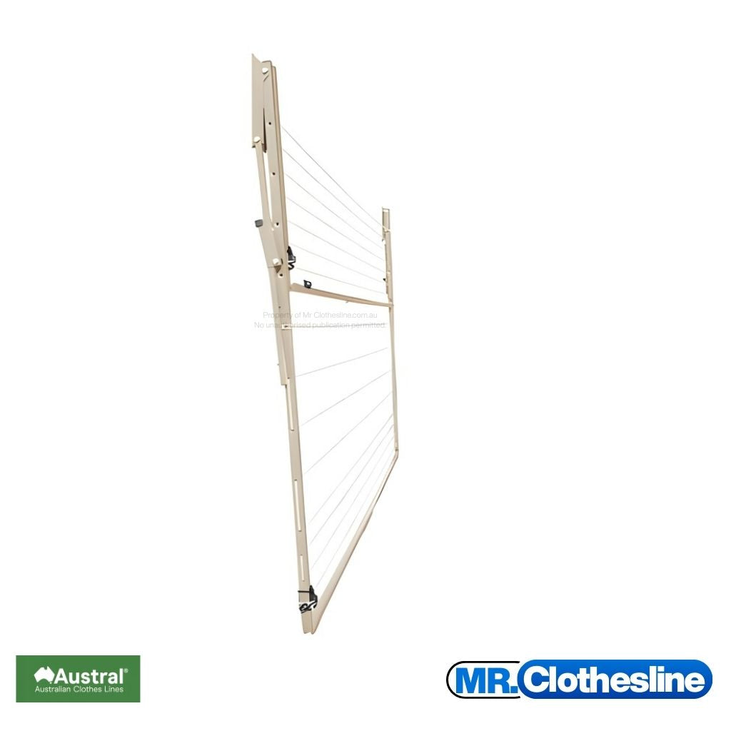Austral Add A Line Fold  Down Clothesline side view and the clothesline closed flat against a white wall.