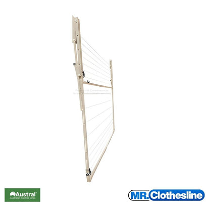 Austral Add A Line Fold  Down Clothesline side view and the clothesline closed flat against a white wall.