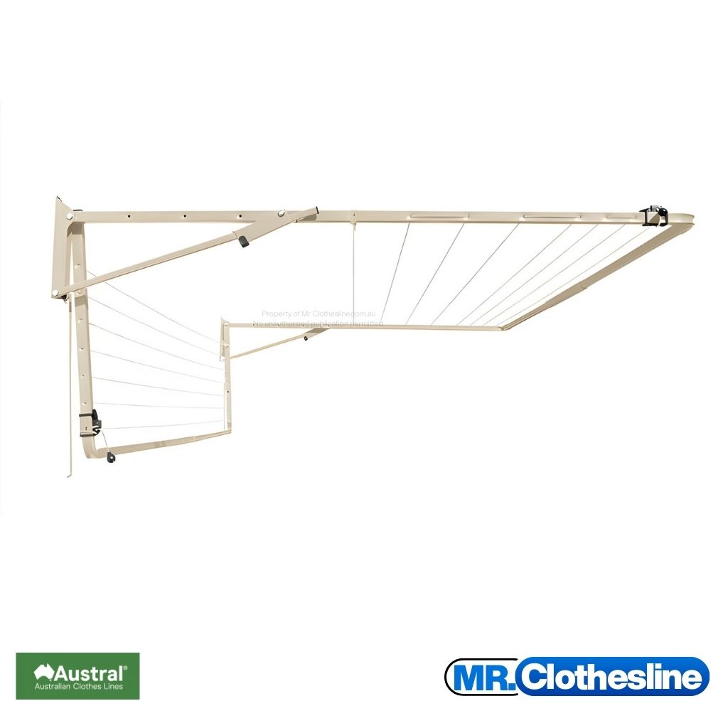 Austral Fold Down Clothesline inner clothesline folded flat against the wall the larger frame fully open.