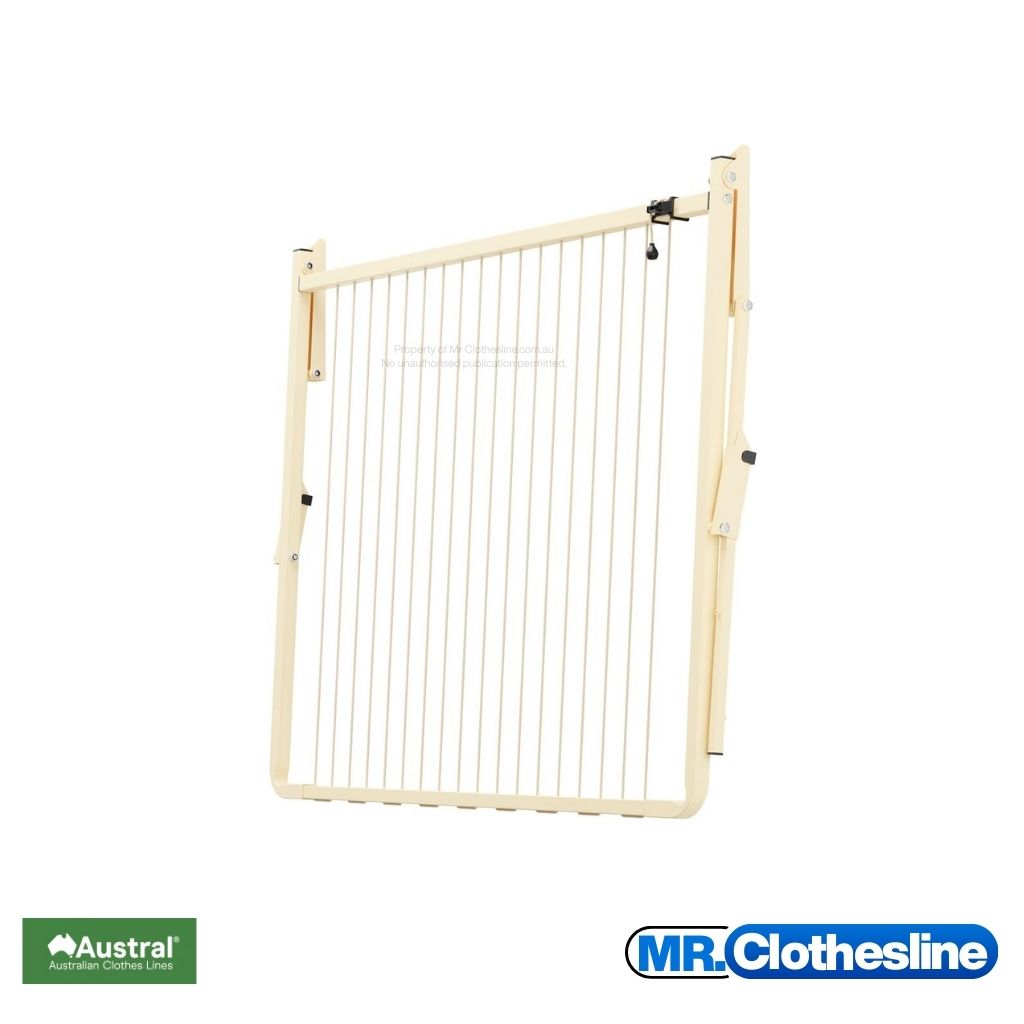 Austral Balcony Line Fold  Down Clothesline side view and the clothesline closed flat against a white wall.