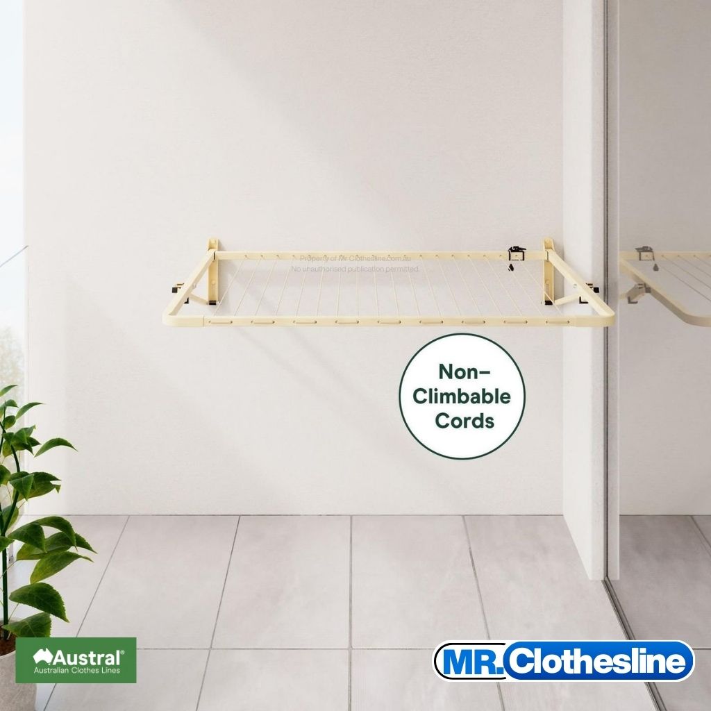 Austral Balcony Line Fold  Down Clothesline open on an apartment balcony with wording non climbable cords.
