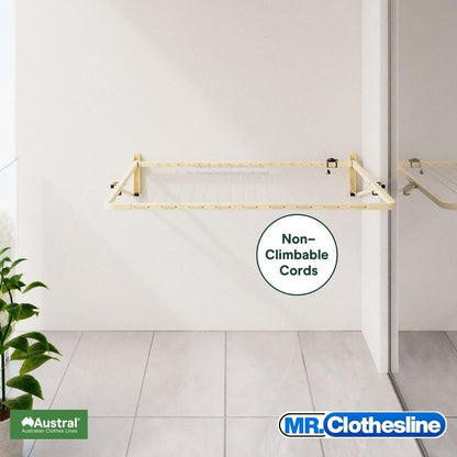 Austral Balcony Line Fold  Down Clothesline open on an apartment balcony with wording non climbable cords.