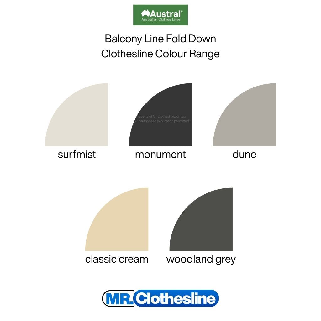 Austral Balcony Line Fold Down Clothesline colour range, surfmist, monument, dune, classic cream and woodland grey.