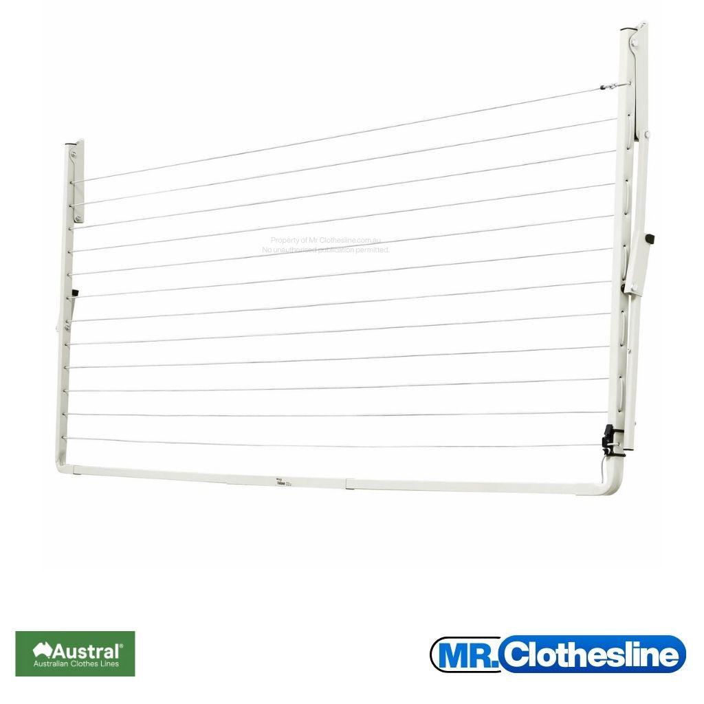 Austral Compact 28 Fold  Down Clothesline front view and the clothesline closed flat against a white wall.