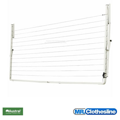 Austral Compact 28 Fold  Down Clothesline front view and the clothesline closed flat against a white wall.