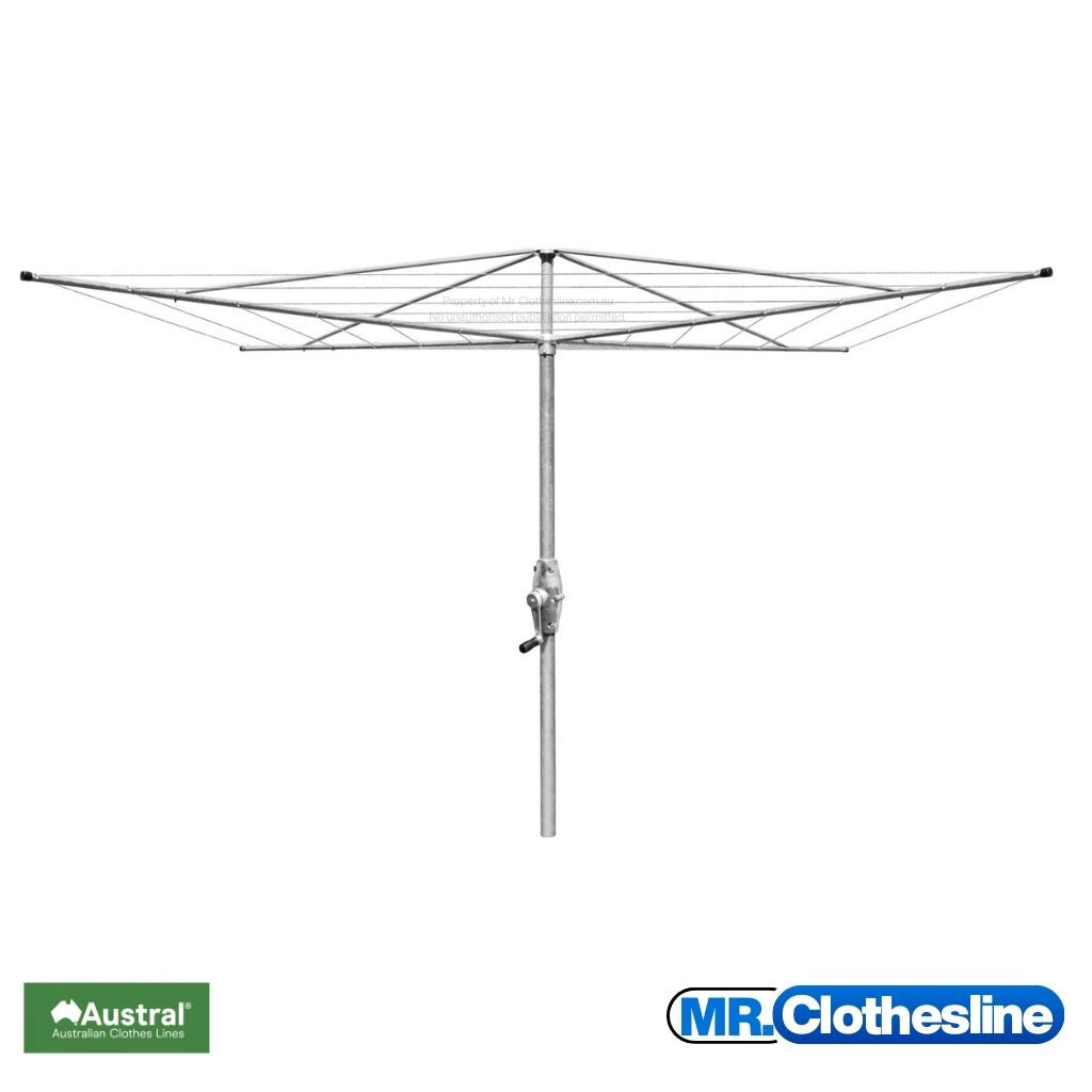 Austral Fixed Head Rotary Hoist Clothesline Super 5 on a white background with a metal handle crank case.  Colour galvanised steel.