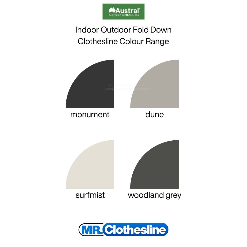Austral Indoor Outdoor Fold Down Clothesline colour range, surfmist, monument, dune, classic cream and woodland grey.