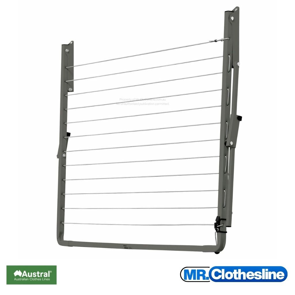 Austral Indoor Outdoor Fold  Down Clothesline front view and the clothesline closed flat against a white wall.