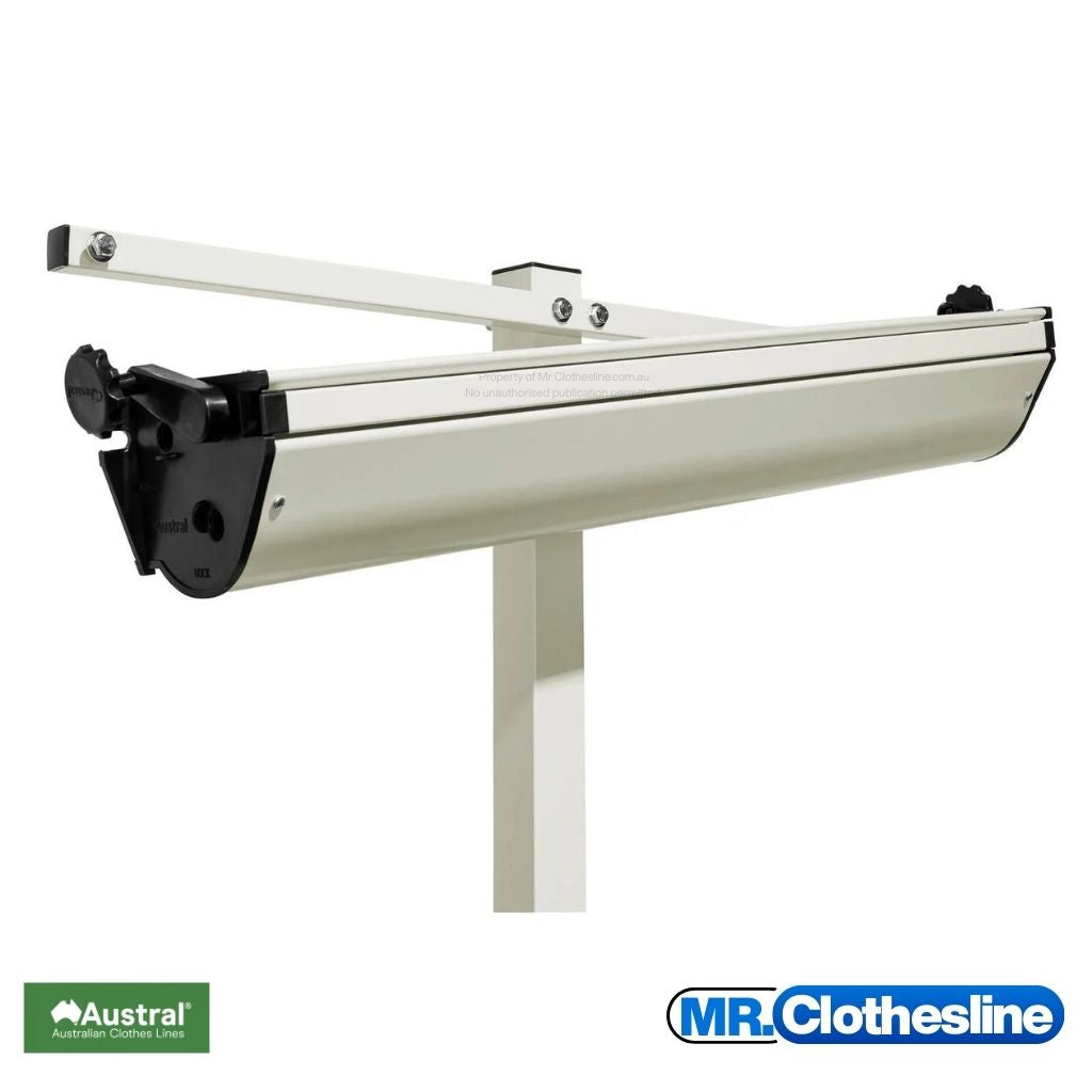 Austral retractable showing the mounting bar on a post and the clothesline cabinet about to be installed onto the mounting bracket.