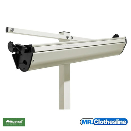 Austral retractable showing the mounting bar on a post and the clothesline cabinet about to be installed onto the mounting bracket.