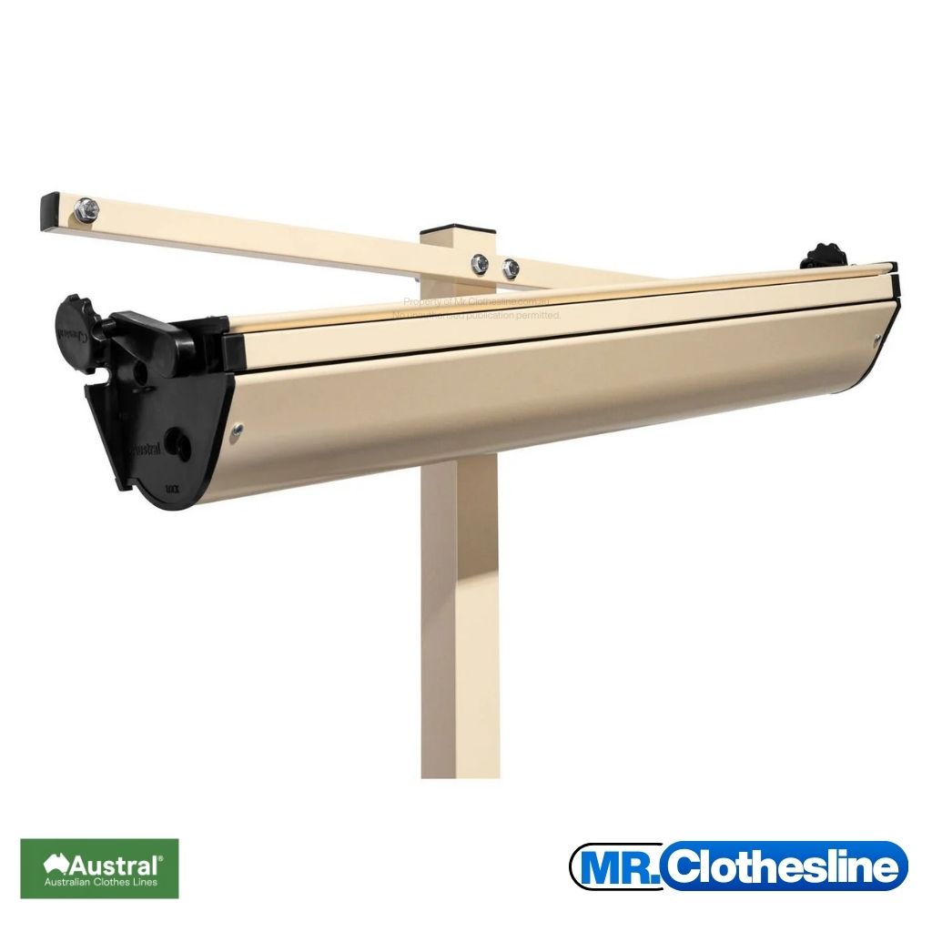 Austral retractable showing the mounting bar on a post and the clothesline cabinet about to be installed onto the mounting bracket.