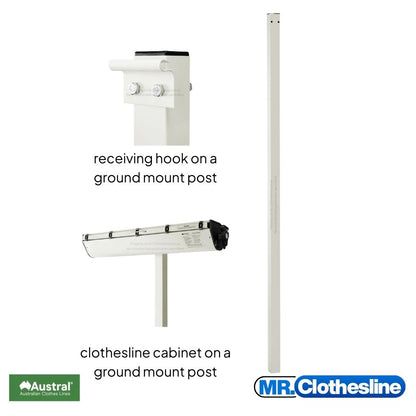 Austral ground post with two further images of the receing hook and the clothesline cabinet installed on separate posts.