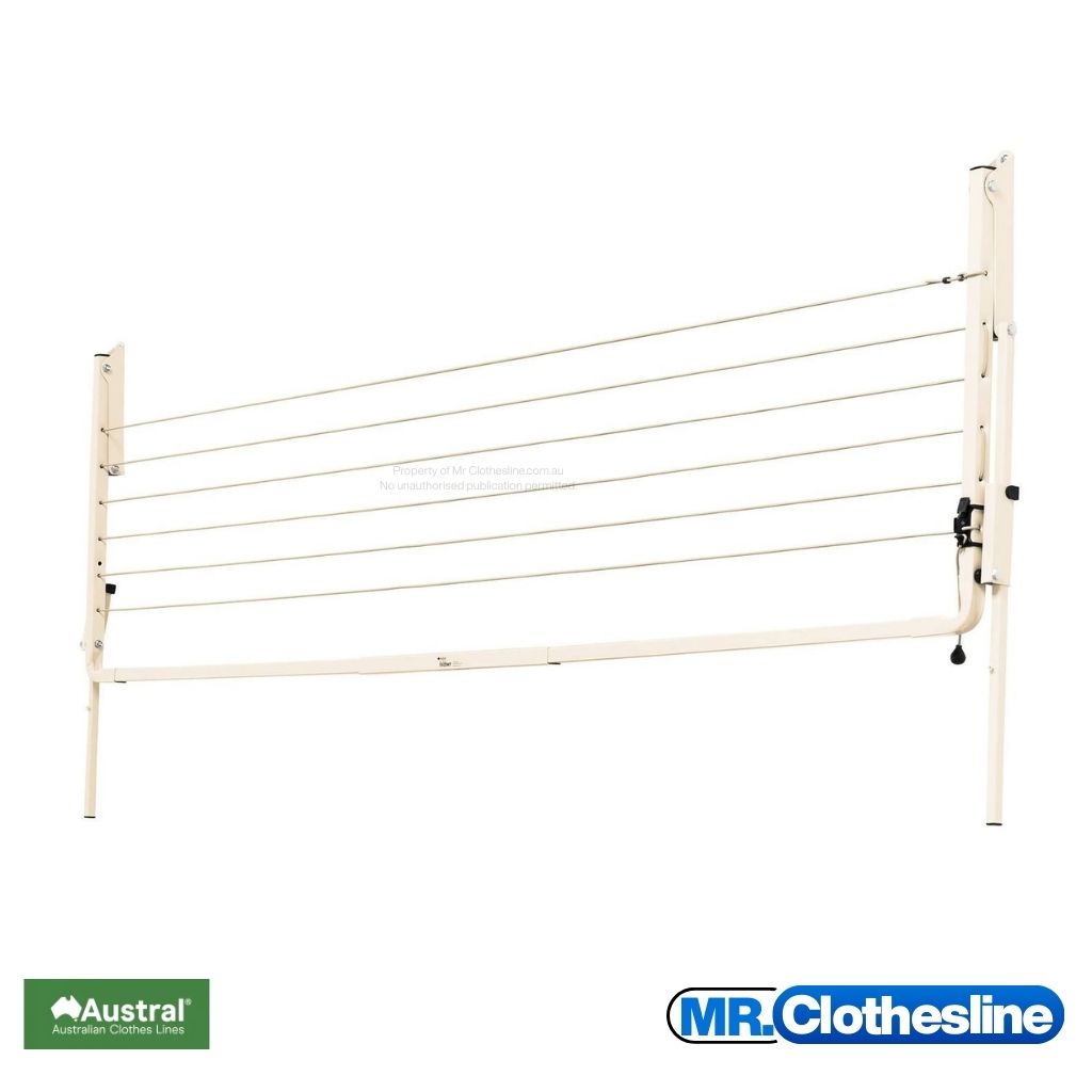 Austral Slenderline 16 Fold  Down Clothesline front view and the clothesline closed flat against a white wall.