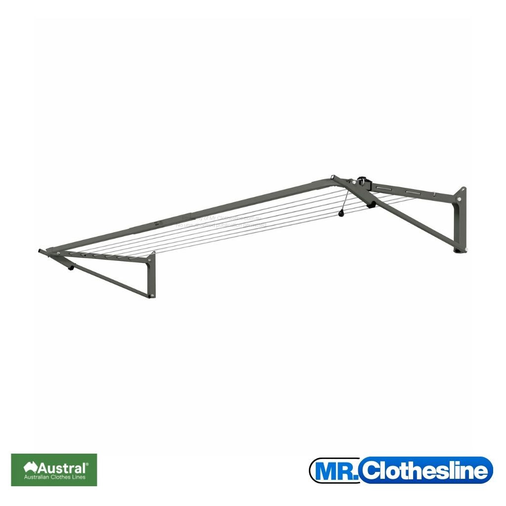 Austral Slenderline 20 Fold Down Clothesline fully open on a white background.  Colour of clothesline is Woodland Grey.