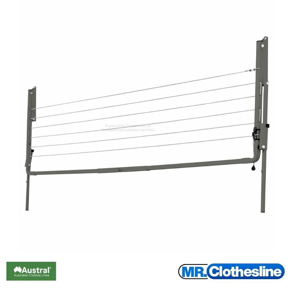 Austral Slenderline 20 Fold  Down Clothesline front view and the clothesline closed flat against a white wall.