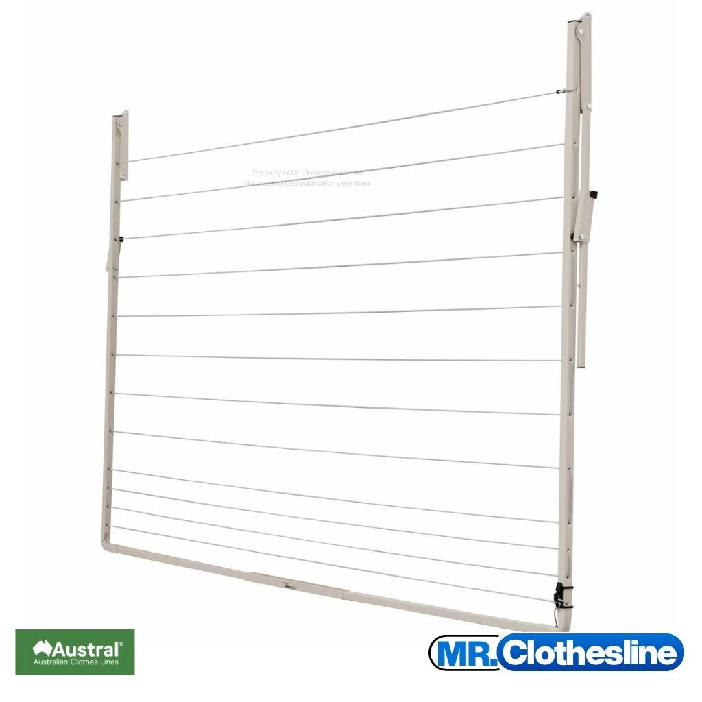 Austral Standard Fold Down Clothesline folded agains a white wall.
